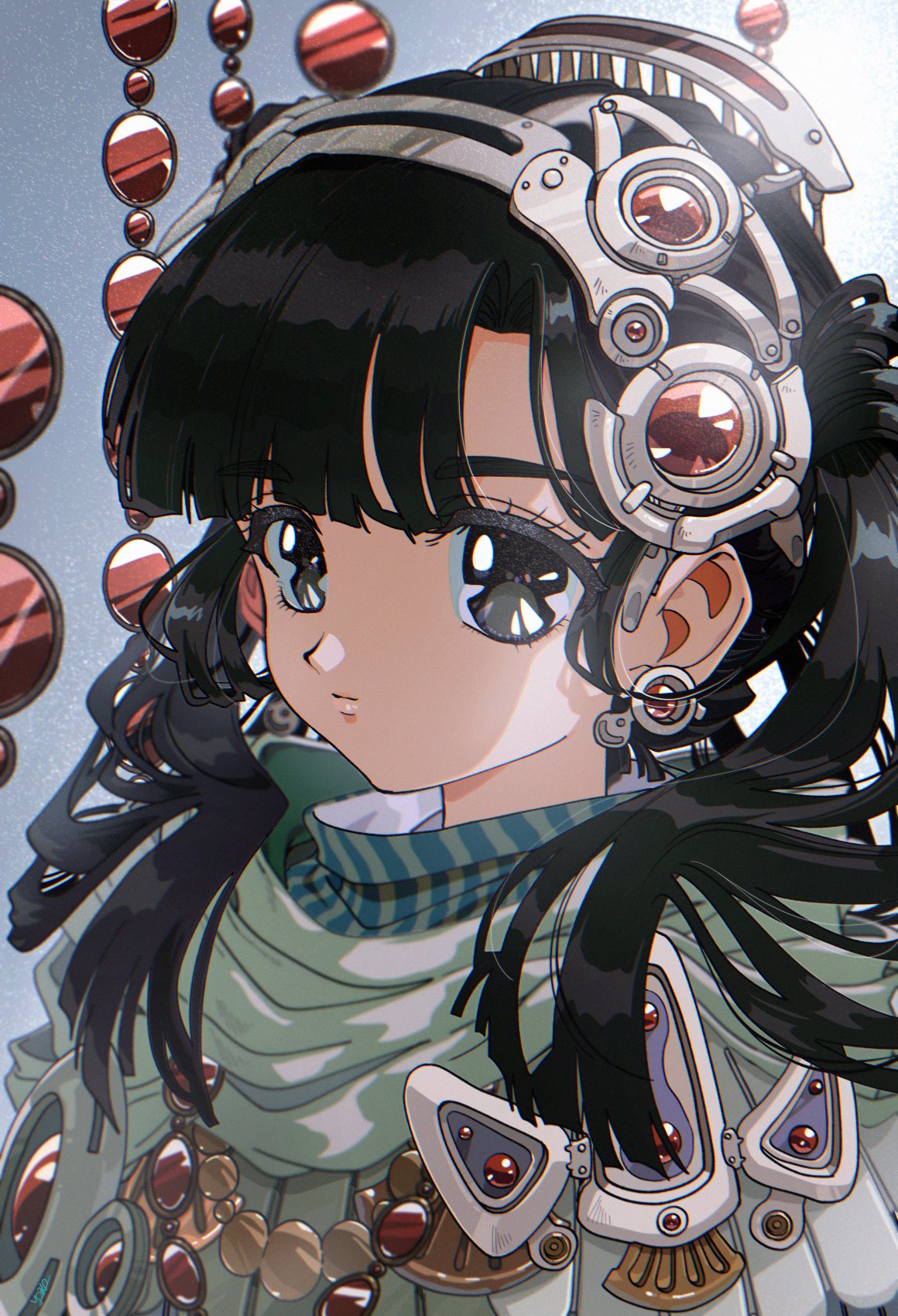 1girl, bangs, bead_curtain, black_eyes, black_hair, blunt_bangs, check_copyright, cloak