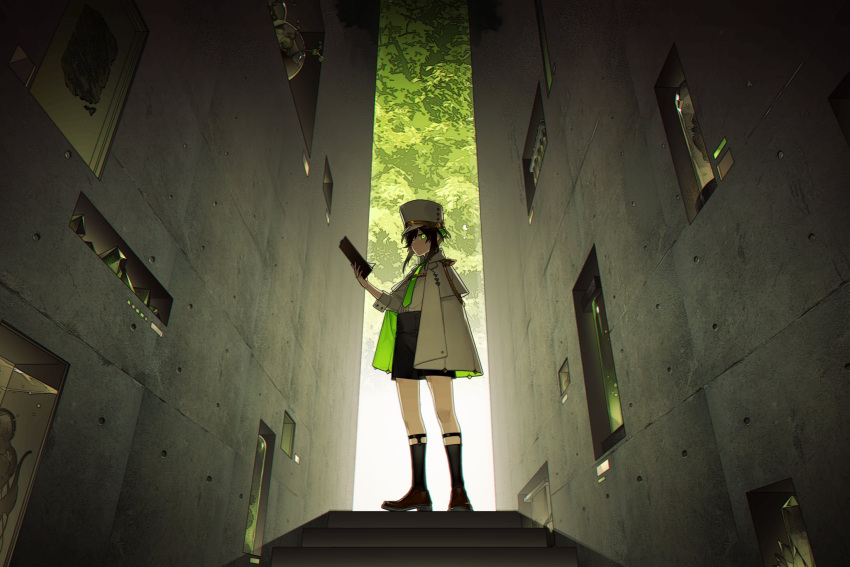 androgynous, black_legwear, black_shorts, brown_footwear, cloak, from_below, gem, glass