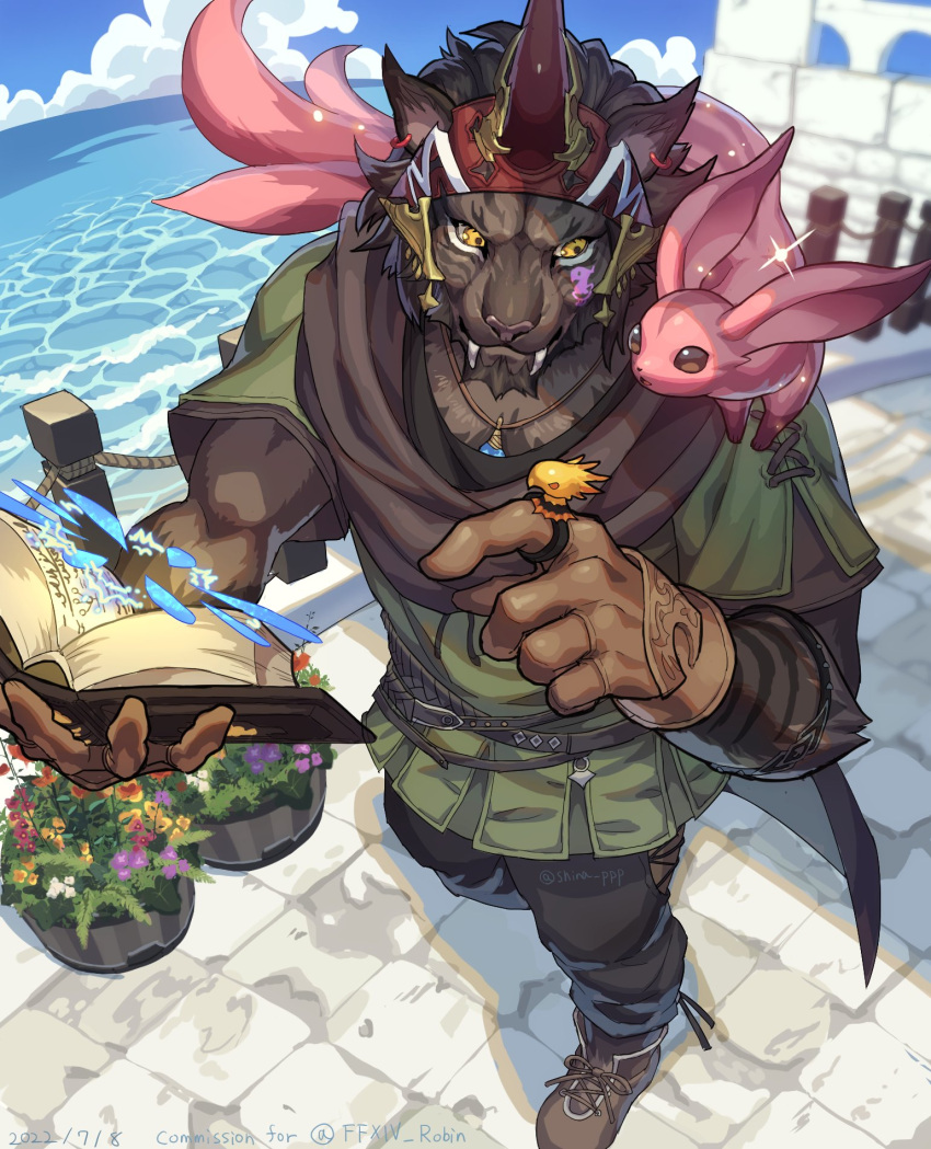1boy, avatar_(ff14), belt, black_pants, blue_sky, book, boots, brown_footwear