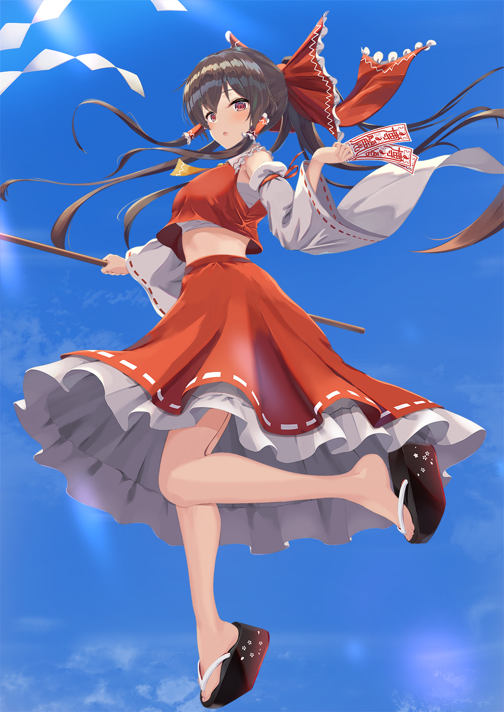 1girl, bare_shoulders, blush, bow, brown_eyes, brown_hair, detached_sleeves, full_body
