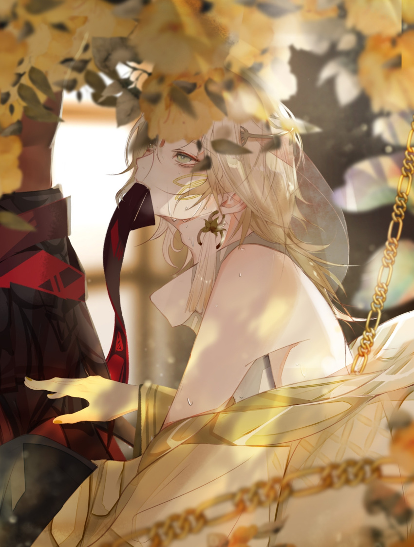1boy, bare_pectorals, bishounen, blonde_hair, earrings, flower, green_eyes, highres