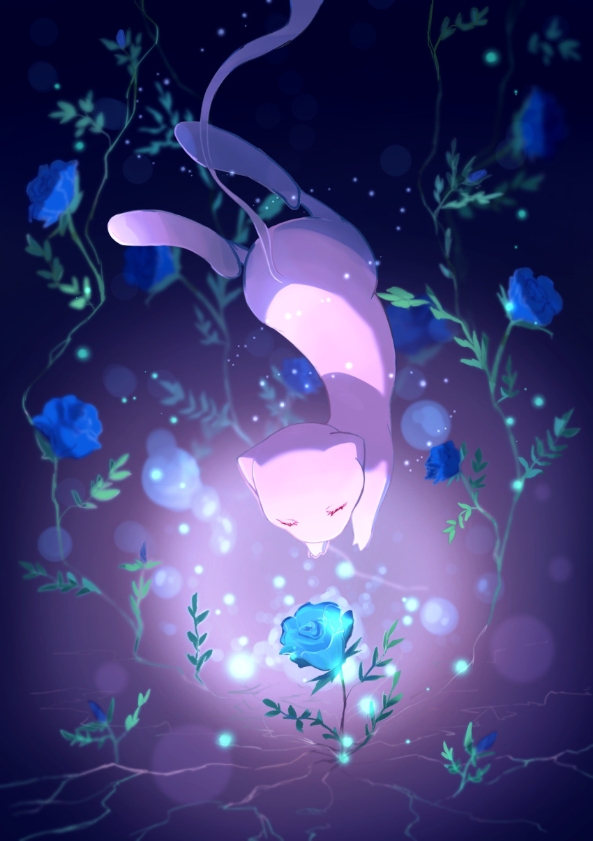blue_flower, closed_eyes, commentary_request, eyelashes, flower, highres, mew, no_humans