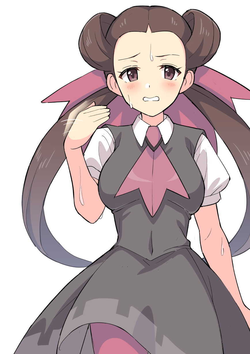 1girl, afterimage, blush, breasts, brown_hair, collared_shirt, commentary_request, dress