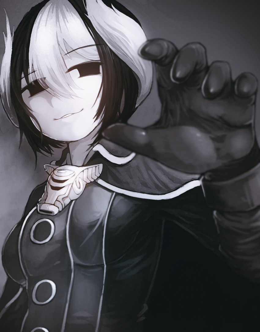 1girl, bangs, black_cape, black_eyes, black_gloves, black_hair, black_shirt, blurry