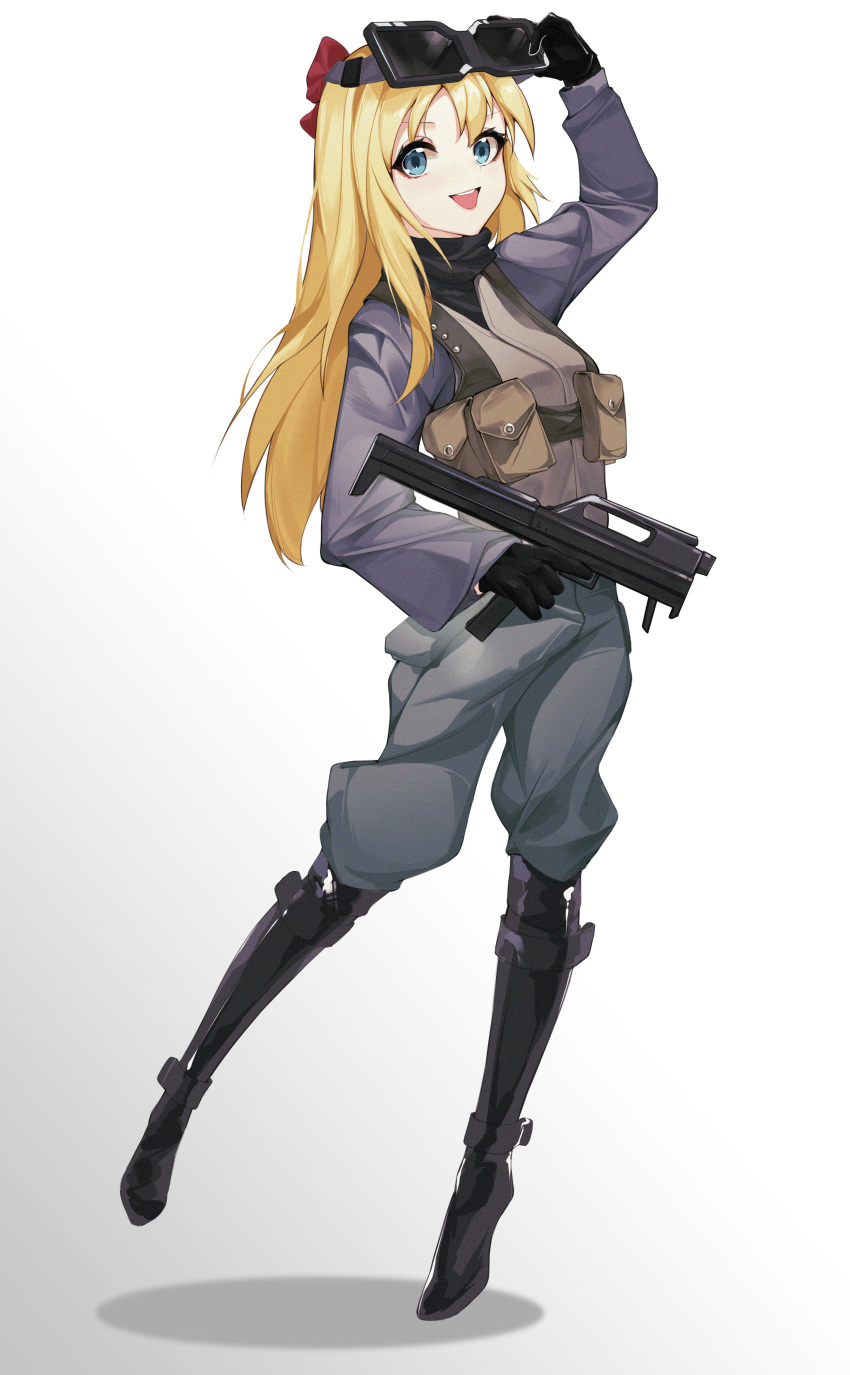 1girl, :d, absurdres, ammunition_pouch, bangs, black_footwear, black_gloves, blonde_hair