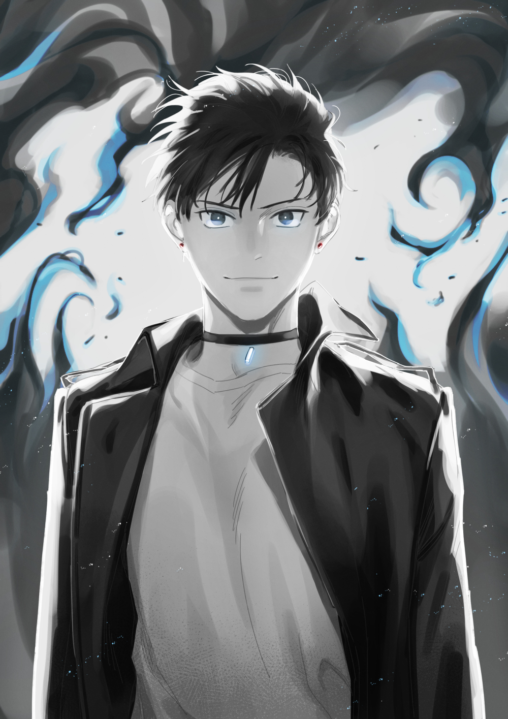 1boy, arms_at_sides, bangs, blue_eyes, blue_fire, choker, earrings, fire