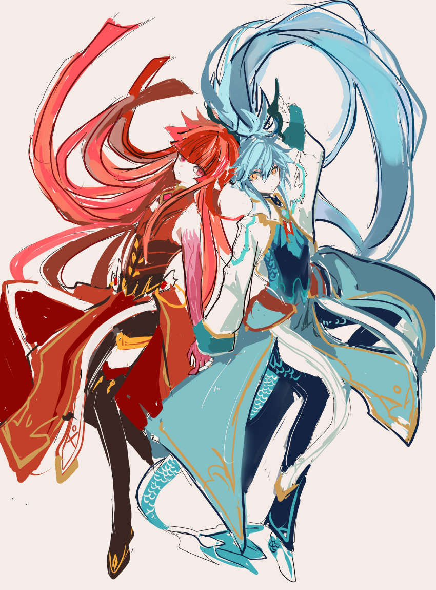 2boys, absurdres, androgynous, blue_hair, denif_(elsword), dragon_boy, dragon_horns, dragon_tail