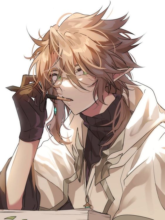 1boy, black_shirt, blonde_hair, clamor_(elsword), earrings, elf, elsword, gloves, green_eyes, jacket, jewelry, long_hair, male_focus, monocle, necklace, open_mouth, pen, pendant, pointy_ears, shirt, solo, sweater, tkylv1683, turtleneck, turtleneck_sweater, white_background
