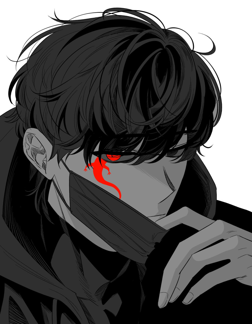 1boy, bangs, changsick, closed_mouth, facial_mark, frown, han_yoohyun, hand_up