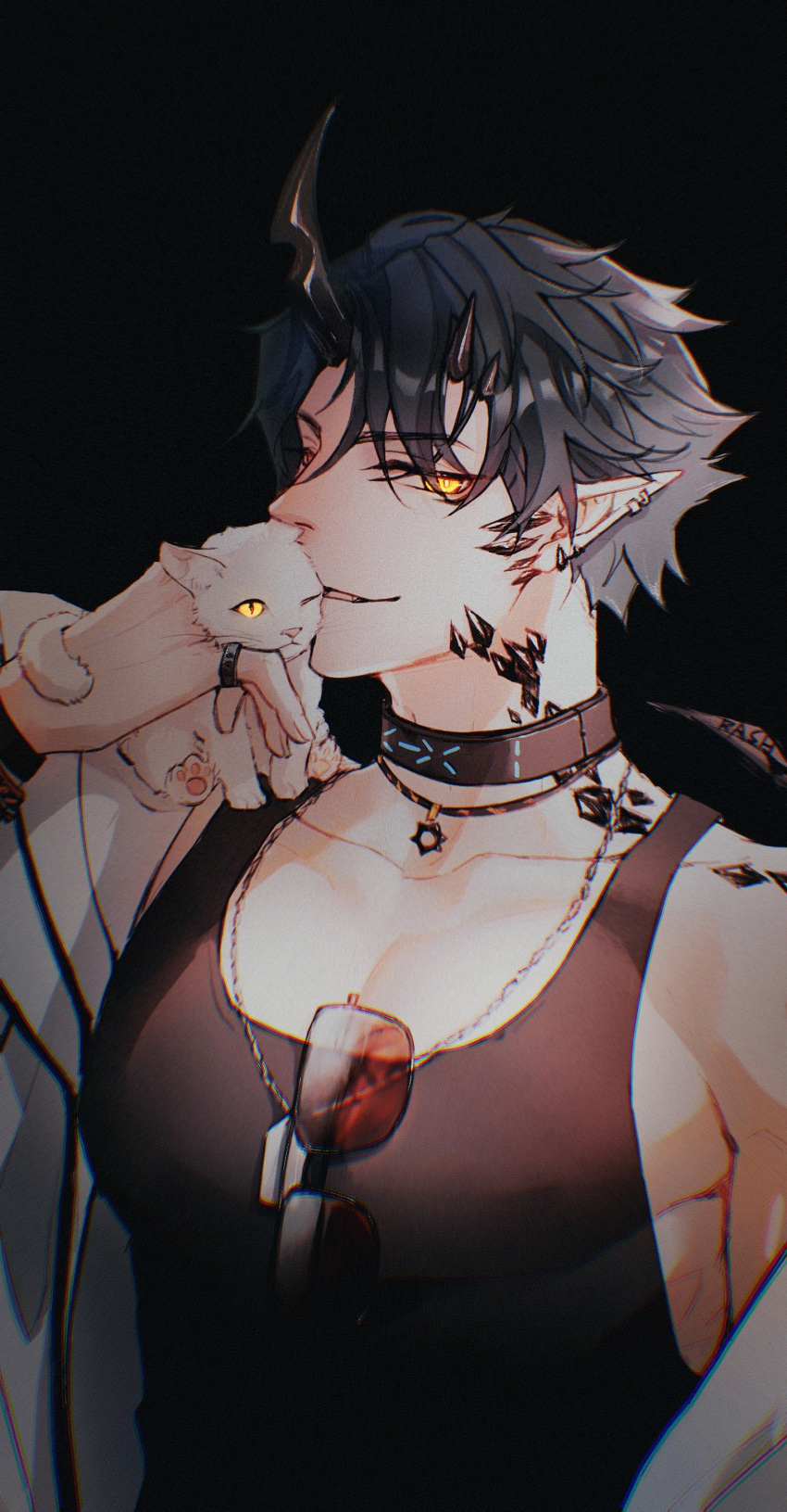 1boy, absurdres, arknights, bishounen, black_background, black_hair, black_shirt, cat, eyebrows_behind_hair, eyewear_removed, flamebringer_(arknights), highres, horns, infection_monitor_(arknights), jewelry, kiss, male_focus, necklace, orange_eyes, oripathy_lesion_(arknights), pointy_ears, rashly, ring, shirt, simple_background, solo, sunglasses, tank_top, toned, toned_male, upper_body, white_cat