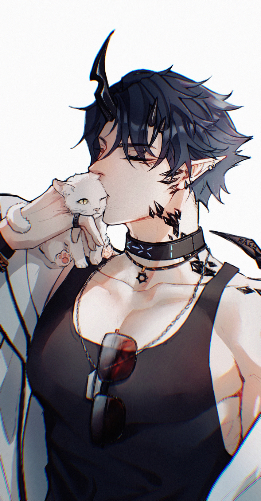 1boy, absurdres, arknights, bishounen, black_hair, black_shirt, cat, closed_eyes, eyebrows_behind_hair, eyewear_removed, flamebringer_(arknights), highres, horns, infection_monitor_(arknights), jewelry, kiss, male_focus, necklace, oripathy_lesion_(arknights), pointy_ears, rashly, ring, shirt, simple_background, solo, sunglasses, tank_top, toned, toned_male, upper_body, white_background, white_cat