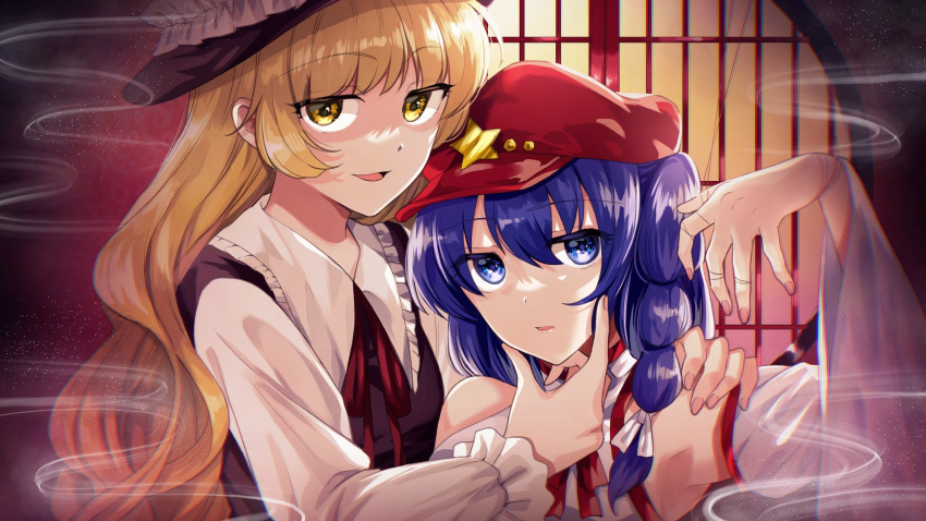 bangs, bare_shoulders, blonde_hair, bound, breasts, brown_vest, cabbie_hat, collared_shirt