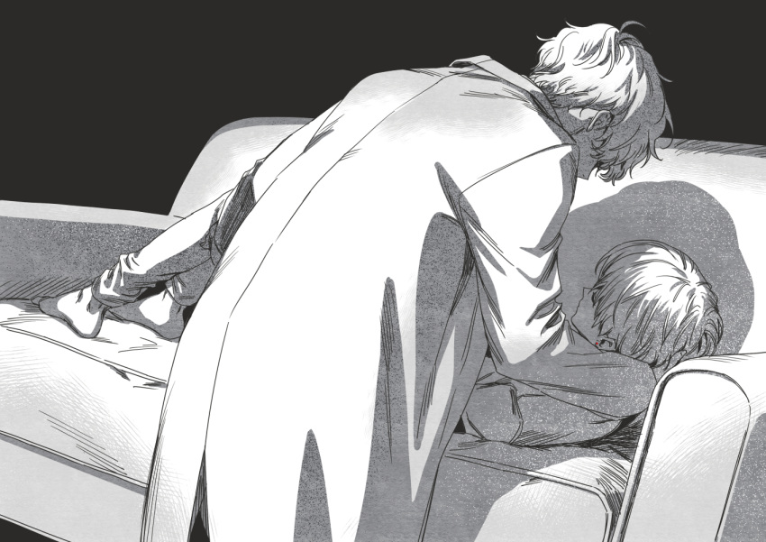 2boys, bangs, barefoot, brothers, carrying, closed_eyes, coat, couch