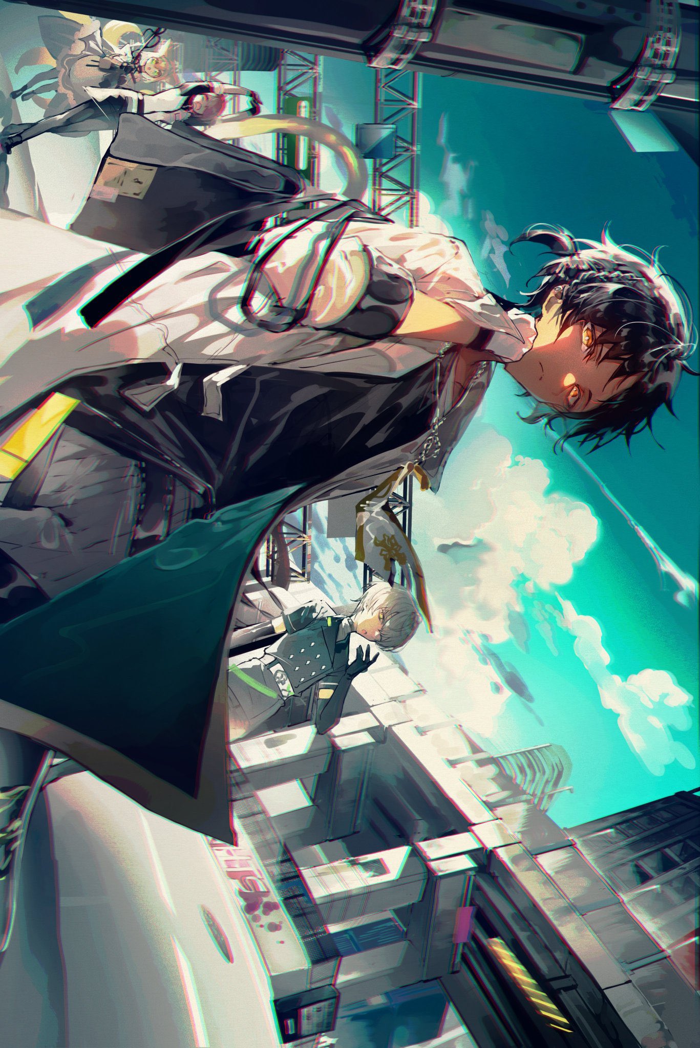 2boys, 2girls, arene_(arknights), arknights, bag, bishounen, black_gloves, black_shirt