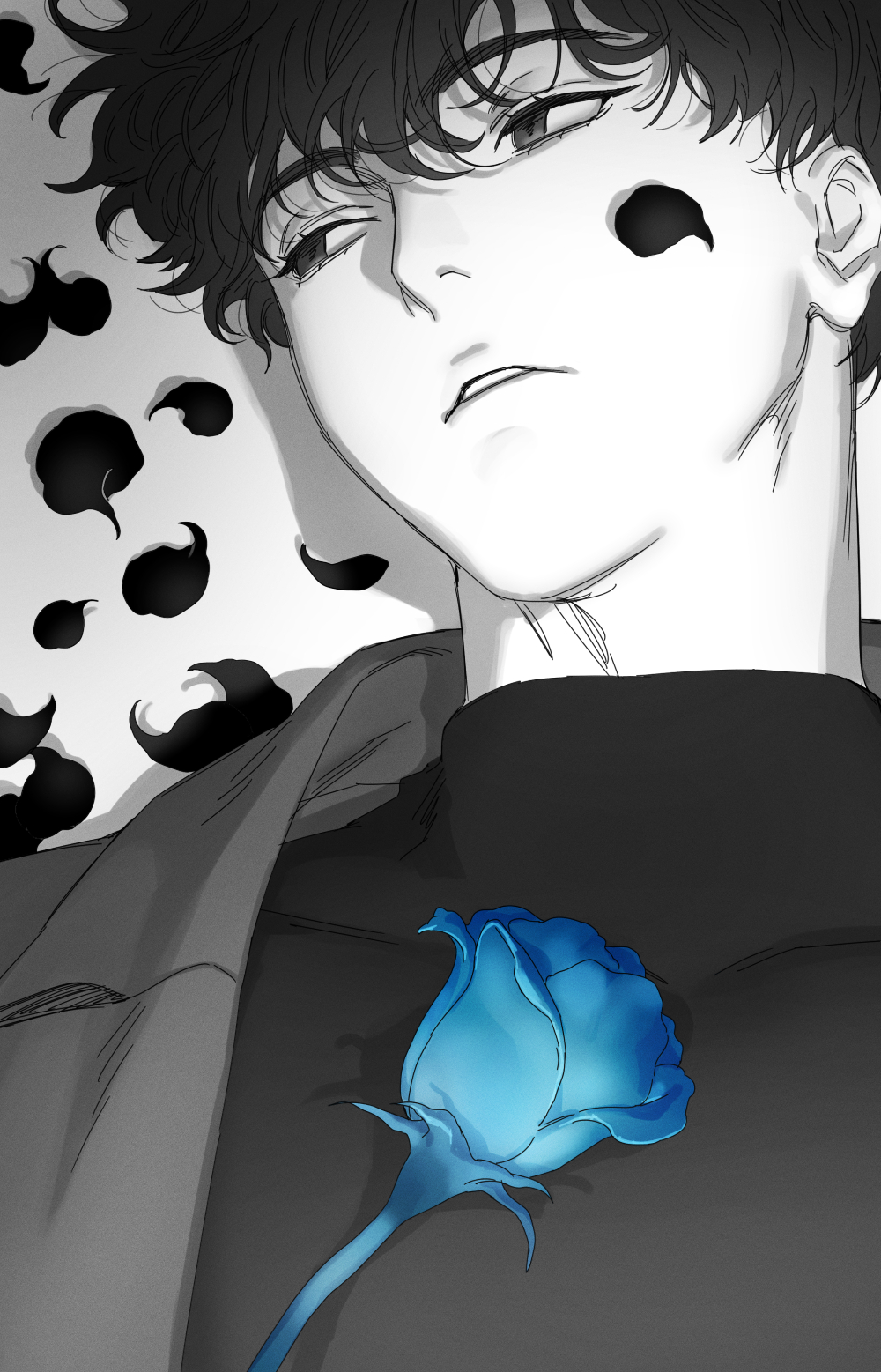 1boy, bangs, blue_flower, blue_rose, flower, han_yoojin, highres, jacket