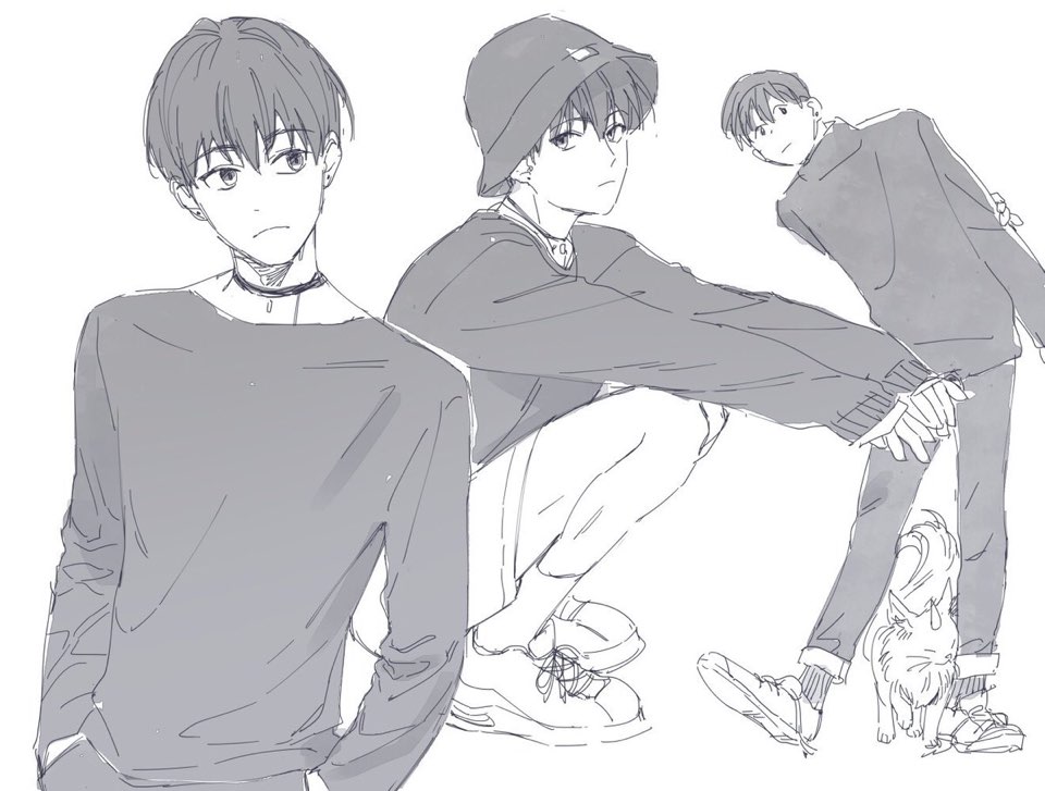 1boy, animal, arm_behind_back, bangs, cat, choker, closed_mouth, earrings