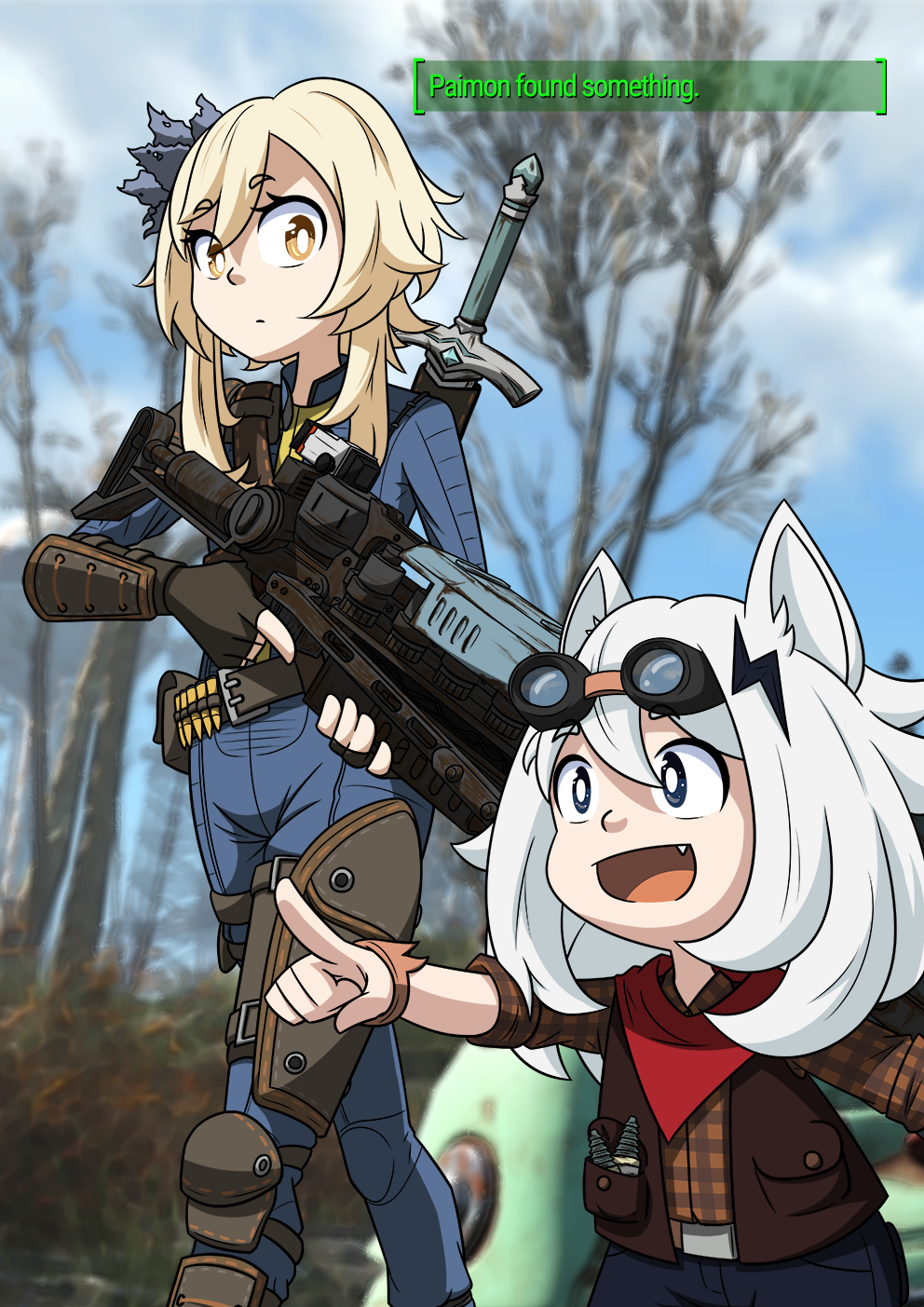 ashreix, bangs, blonde_hair, bodysuit, crossover, fallout_(series), fallout_4, flower