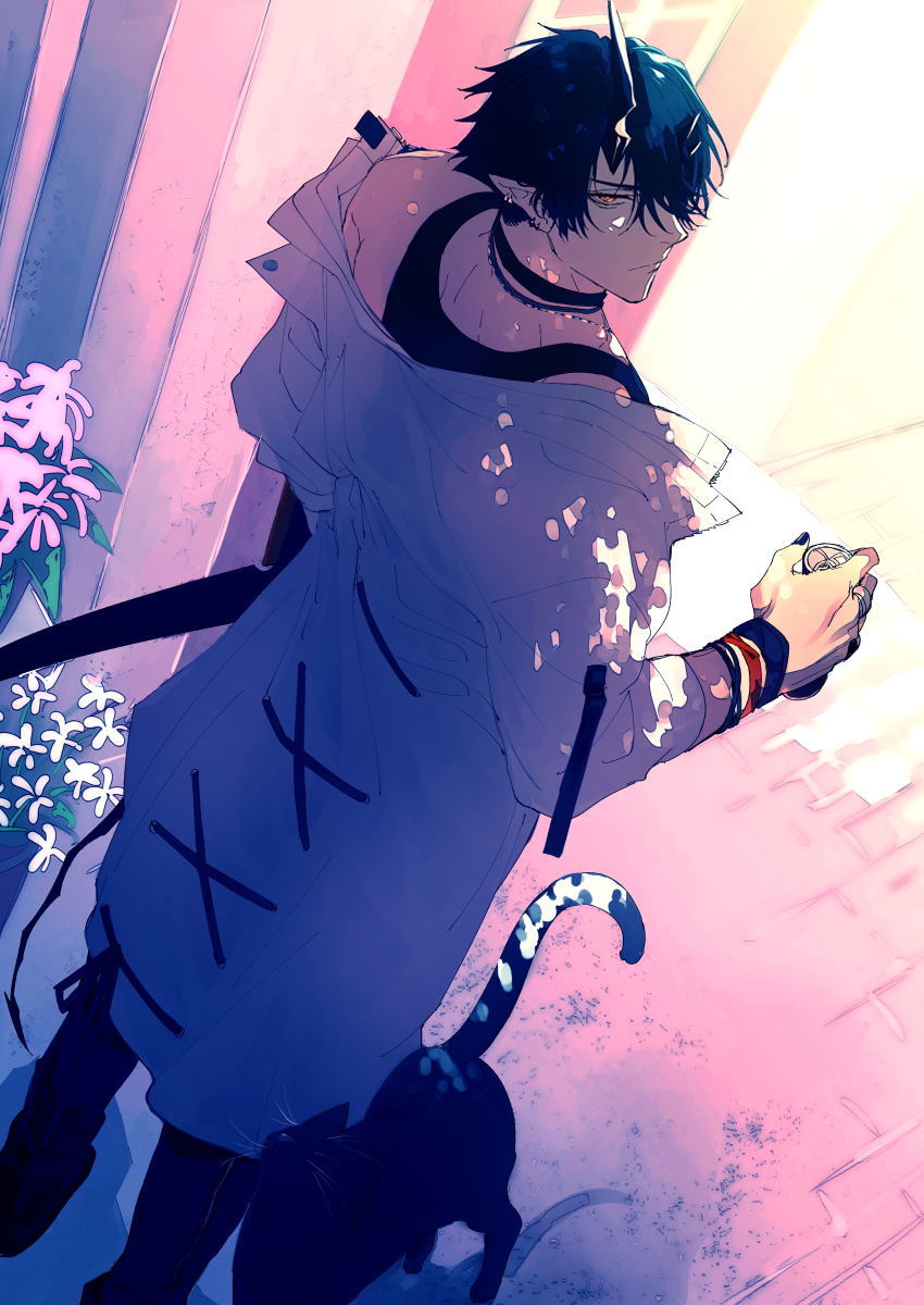 1boy, arknights, bishounen, black_cat, black_hair, black_nails, black_shirt, can