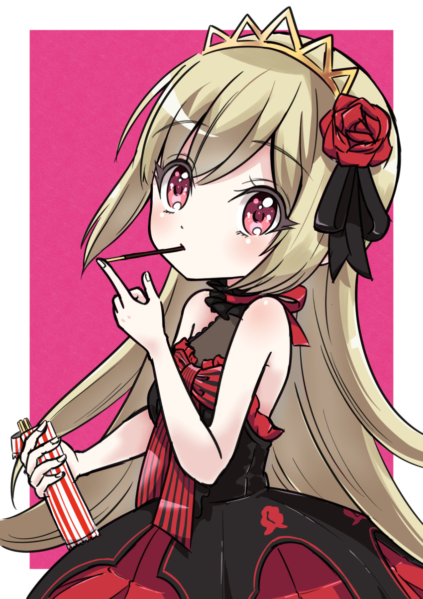 1girl, bare_shoulders, blonde_hair, blush, border, breasts, ecute, eyebrows_behind_hair