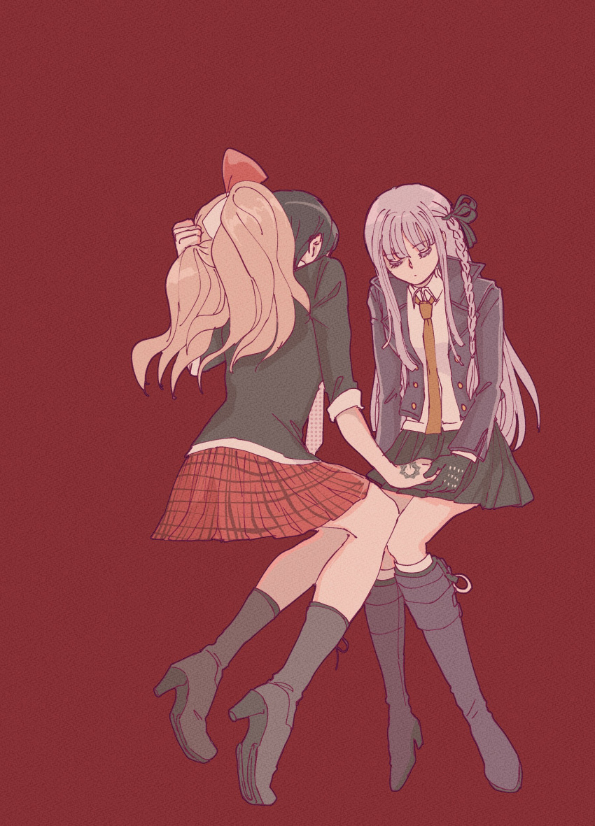 2girls, absurdres, bangs, black_gloves, black_jacket, black_ribbon, black_skirt, boots