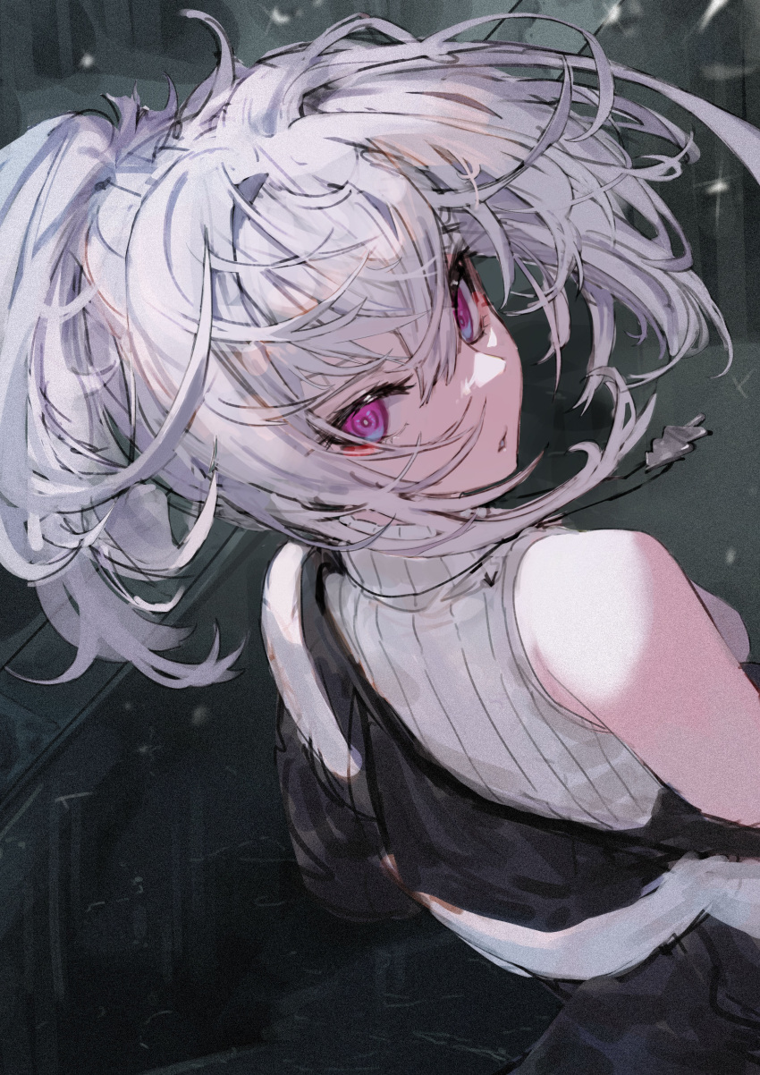 1girl, absurdres, back, bangs, bare_shoulders, copyright_request, grey_sweater, highres, jacket, jewelry, long_hair, looking_at_viewer, looking_back, mont_blanca, necklace, parted_lips, ponytail, sleeveless, sleeveless_sweater, solo, sweater, violet_eyes, white_hair