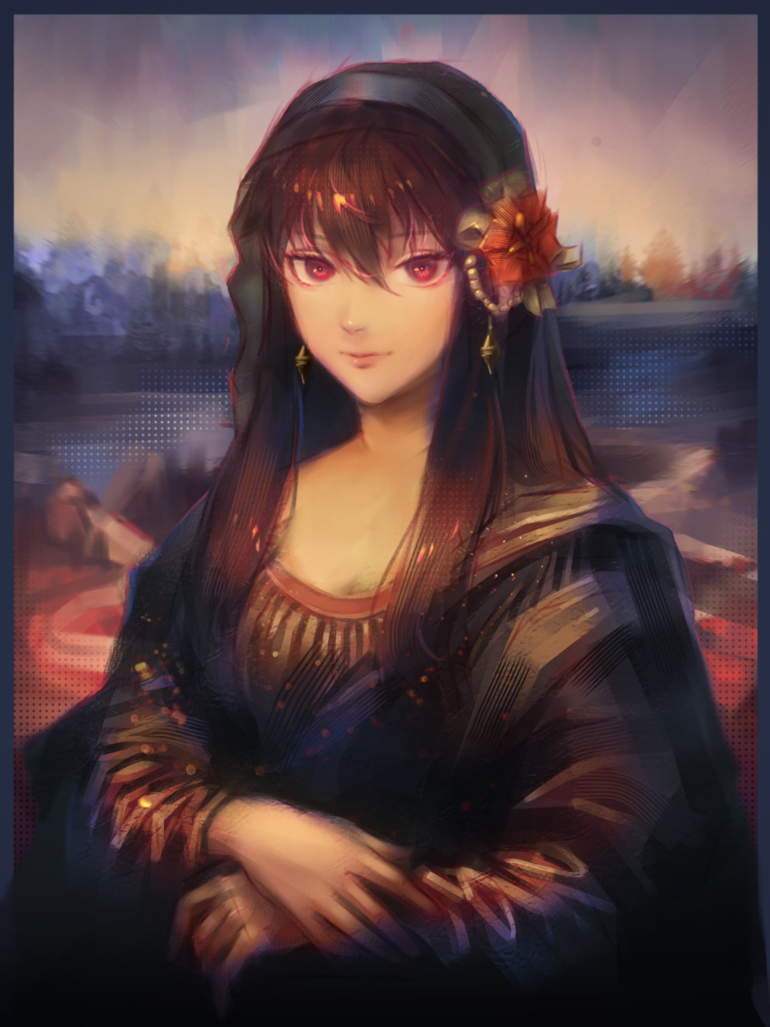 1girl, bangs, black_dress, black_hair, closed_mouth, dress, earrings, fine_art_parody, flower, hair_ornament, highres, jewelry, kozzz_y, long_hair, looking_at_viewer, mona_lisa, parody, red_eyes, smile, solo, spy_x_family, upper_body, yor_briar