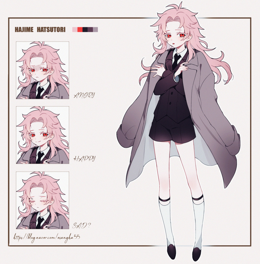 1boy, absurdres, angry, antenna_hair, black_footwear, black_jacket, black_necktie, black_shorts, character_name, closed_eyes, closed_mouth, coat, coat_on_shoulders, collared_shirt, colored_eyelashes, commentary_request, english_text, expressions, film_grain, frown, full_body, grey_coat, hair_intakes, hajun_(hey_sangha), happy, hatsutori_hajime, highres, jacket, korean_commentary, long_hair, long_sleeves, male_focus, necktie, open_mouth, pink_hair, red_eyes, reference_sheet, sad, saibou_shinkyoku, shirt, shorts, smile, solo, standing, suit_jacket, white_shirt, white_socks