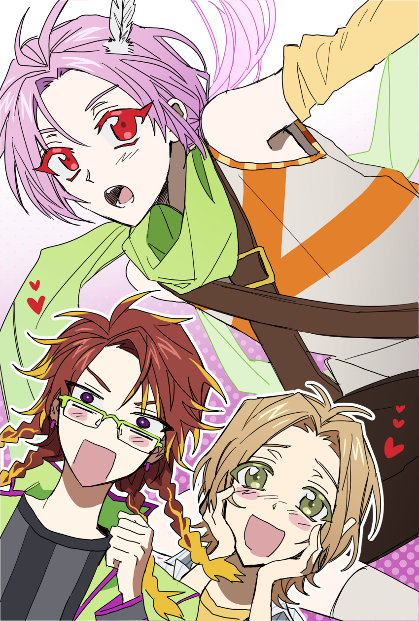 3boys, blonde_hair, blue_pupils, braid, bright_pupils, colored_eyelashes, detached_sleeves, dita_iliner