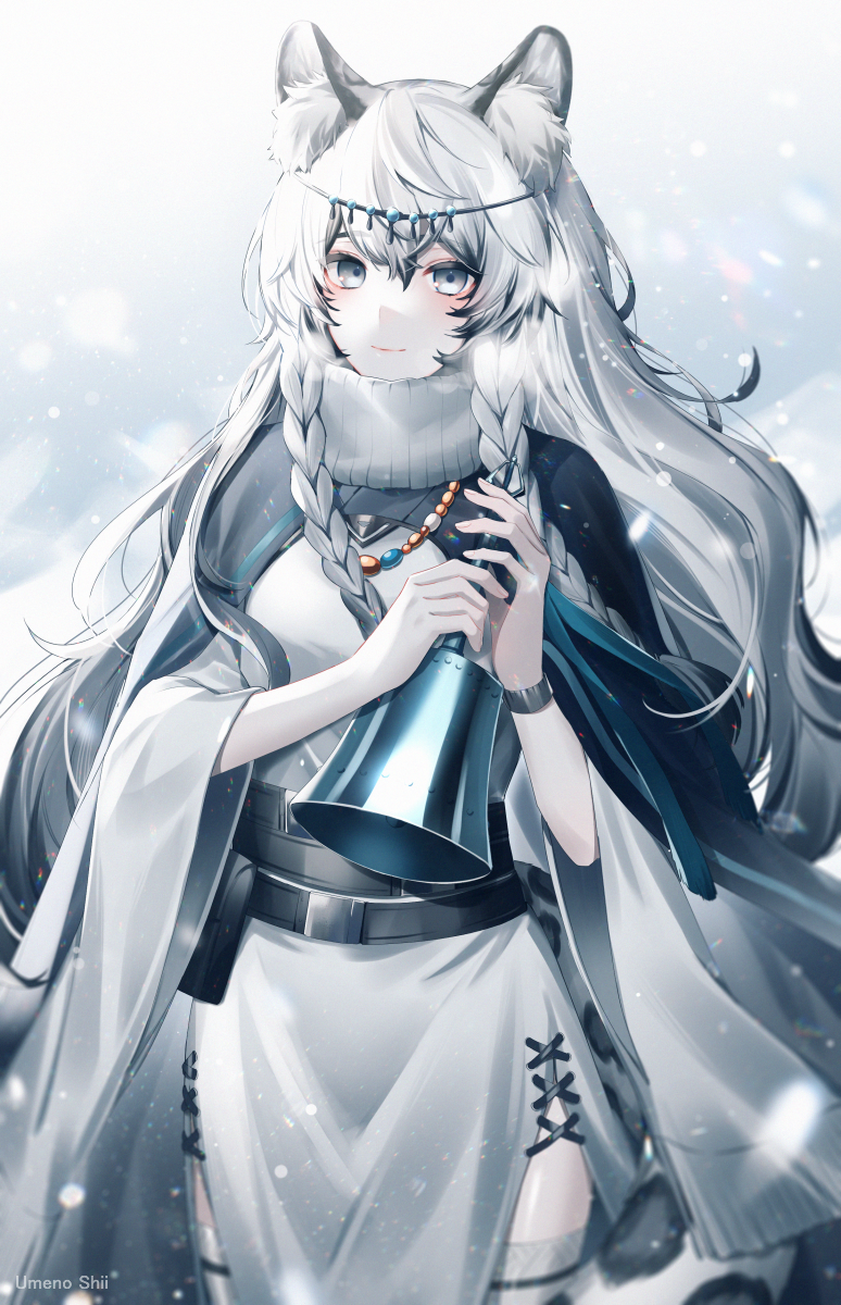 1girl, animal_ears, arknights, bell, belt, black_cape, blush, braid