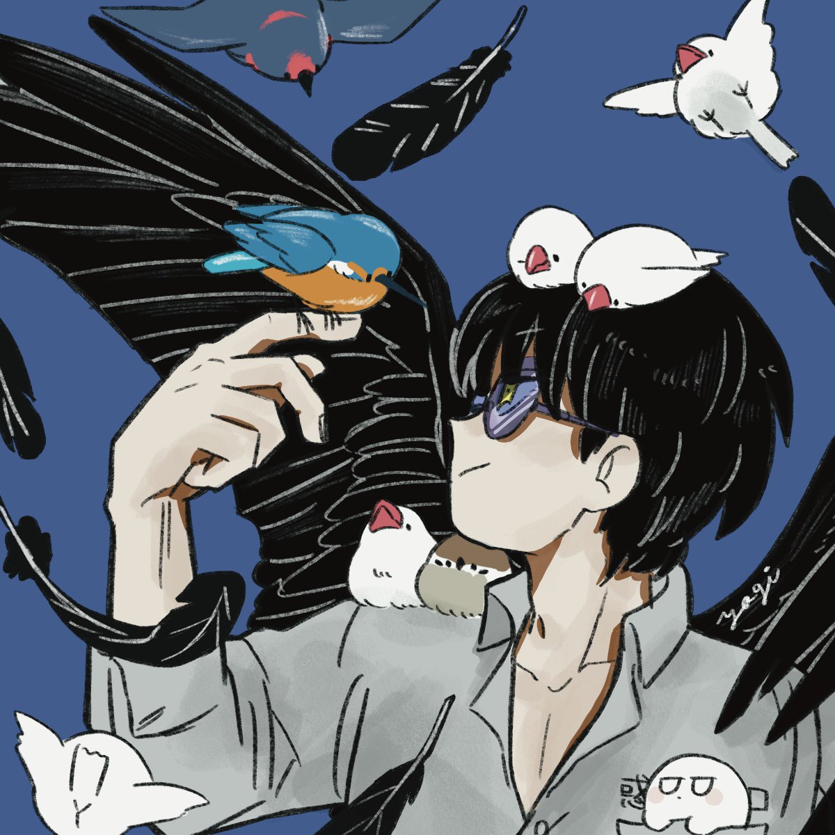1boy, bird, black_hair, black_wings, blue_background, closed_mouth, collared_shirt, commentary