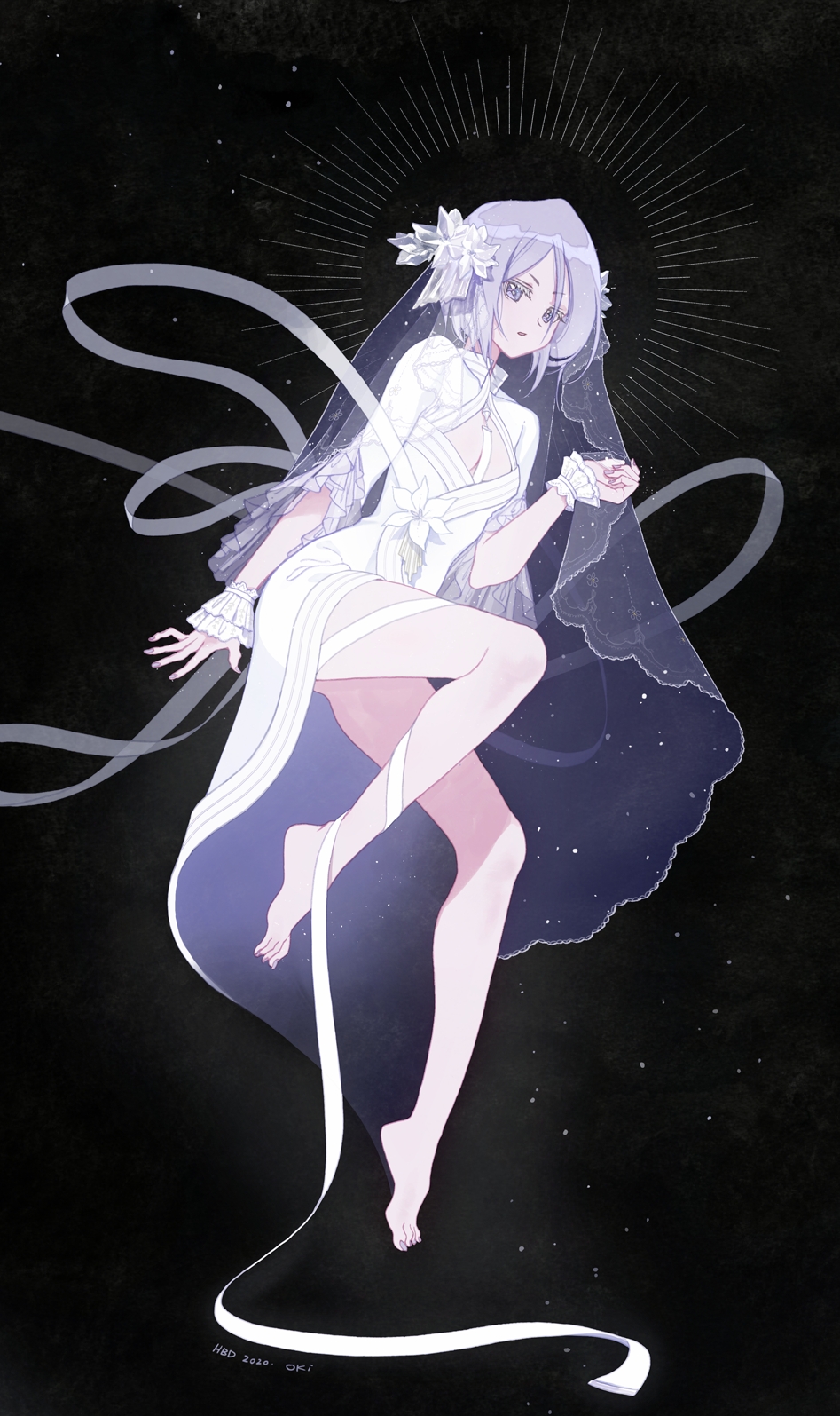 1girl, barefoot, bleach, blue_eyes, blush, breasts, dress, female