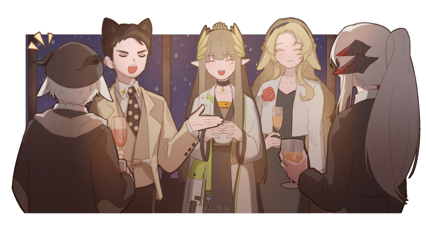 2boys, 3girls, :d, ahrens_(arknights), animal_ears, arknights, bangs, black_dress, black_hairband, black_headwear, black_jacket, blonde_hair, blunt_bangs, blush, brown_hair, brown_jacket, cat_ears, closed_eyes, closed_mouth, coat, commentary_request, cup, dog_ears, dragon_horns, dress, drinking_glass, elf, ferdinand_(arknights), flower, goat_boy, goat_ears, goat_horns, grey_hair, hairband, hand_up, highres, holding, holding_cup, horns, horns_through_headwear, jacket, kirsten_(arknights), lierenfelon, long_hair, long_sleeves, mole, mole_under_eye, muelsyse_(arknights), multiple_boys, multiple_girls, official_alternate_costume, old, old_man, open_mouth, pointy_ears, polka_dot_necktie, ponytail, red_flower, red_rose, rose, saria_(arknights), short_hair, smile, snowflakes, very_long_hair, white_coat, white_hair, white_jacket