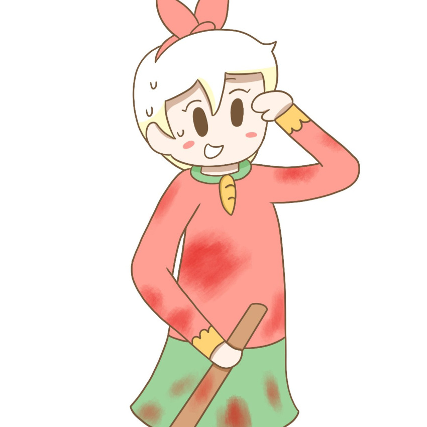 1girl, bangs, blonde_hair, blood, blood_splatter, blood_stain, bloody_clothes, blush, bonnie's_bakery, bonnie_(bonnie's_bakery), bow, broom, carrot, collar, eyebrows, eyes, feet_out_of_frame, green_collar, green_miniskirt, green_skirt, hair, hair_between_eyes, hair_bow, holding_broom, large_bow, long_bangs, long_sleeved_shirt, long_sleeves, miniskirt, monochrome_background, open_eyes, open_mouth, pink_bow, pink_hair_bow, pink_shirt, sebztt, shirt, simple_background, skirt, standing, sweat, teeth, white_background
