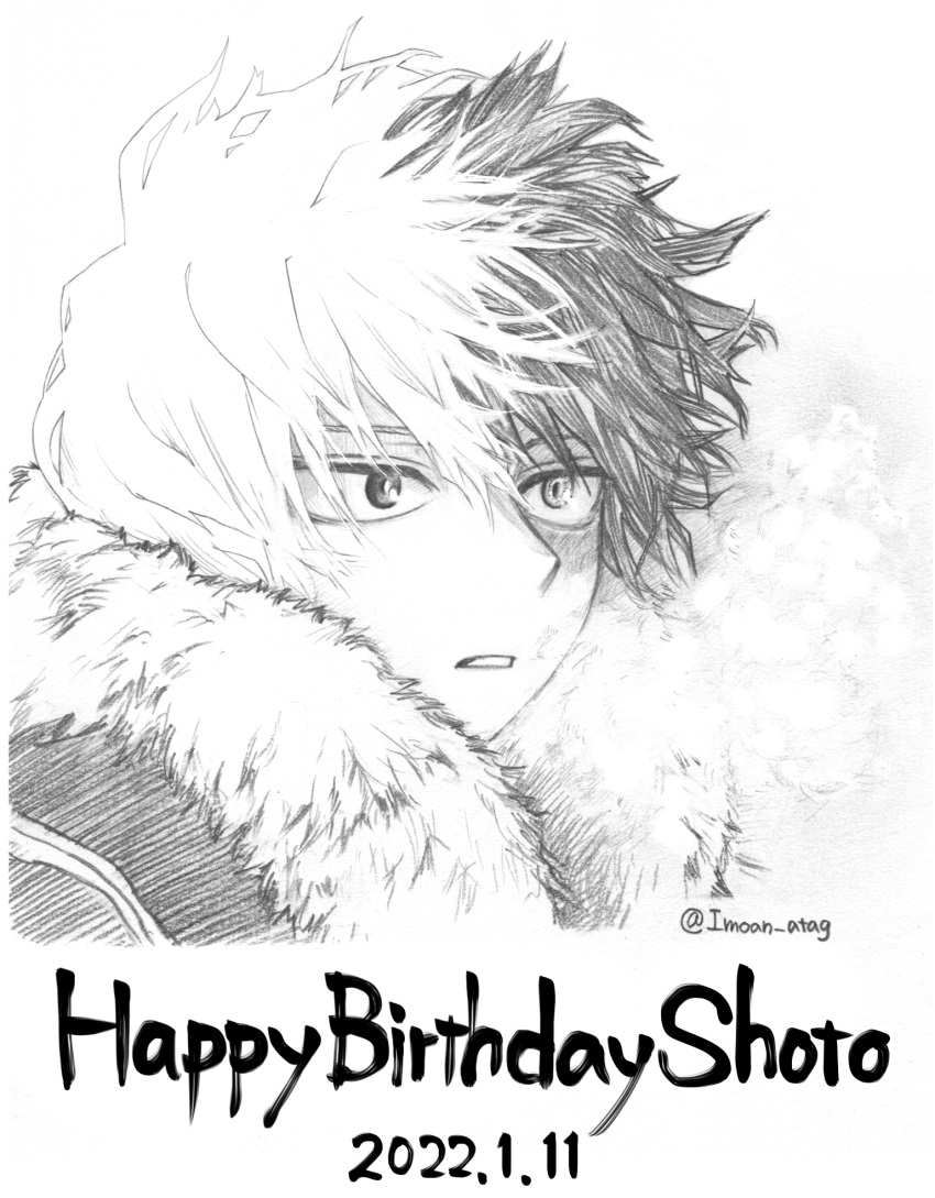 1boy, boku_no_hero_academia, breath, burn_scar, commentary_request, fur_trim, graphite_(medium), greyscale