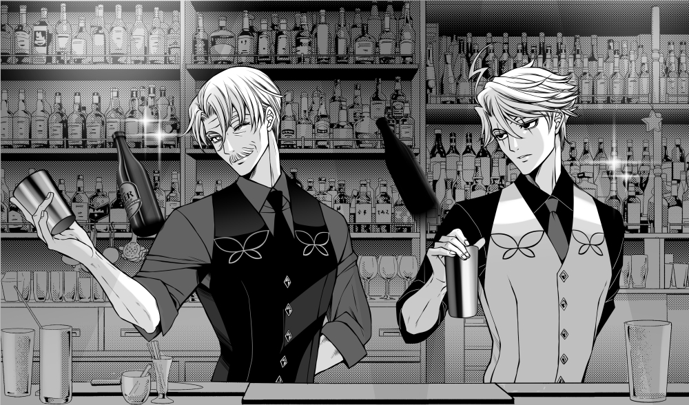 2boys, ahoge, anegobeya, arm_behind_back, bar, bartender, bottle, cocktail_shaker