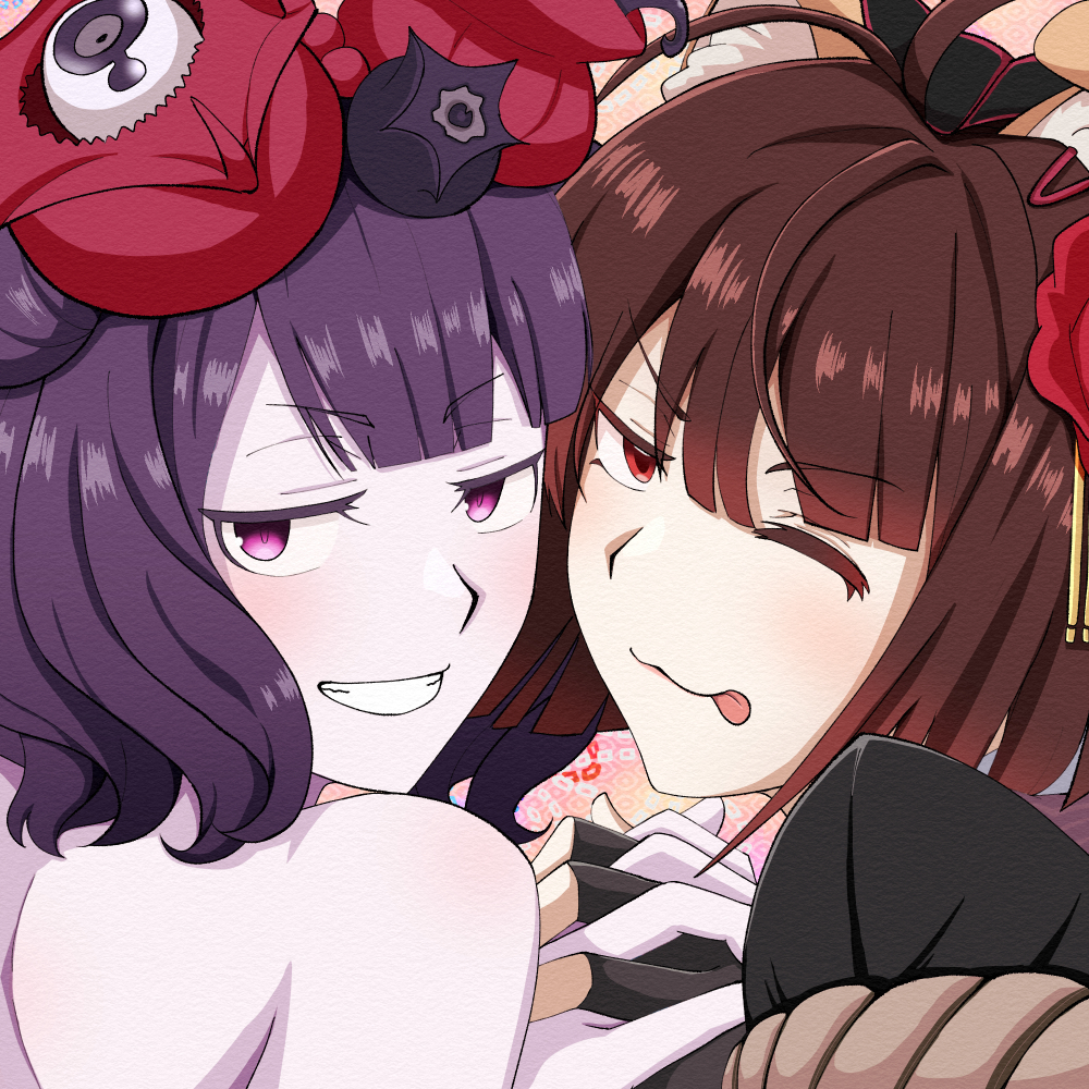 2girls, ahoge, animal_ears, brown_hair, colored_skin, dog_ears, drill_bulbul, fate/grand_order, fate_(series), fingerless_gloves, gloves, grin, katsushika_hokusai_(fate), katsushika_hokusai_(third_ascension)_(fate), kyokutei_bakin_(fate), multiple_girls, one_eye_closed, purple_hair, purple_skin, red_eyes, smile, tongue, tongue_out, violet_eyes