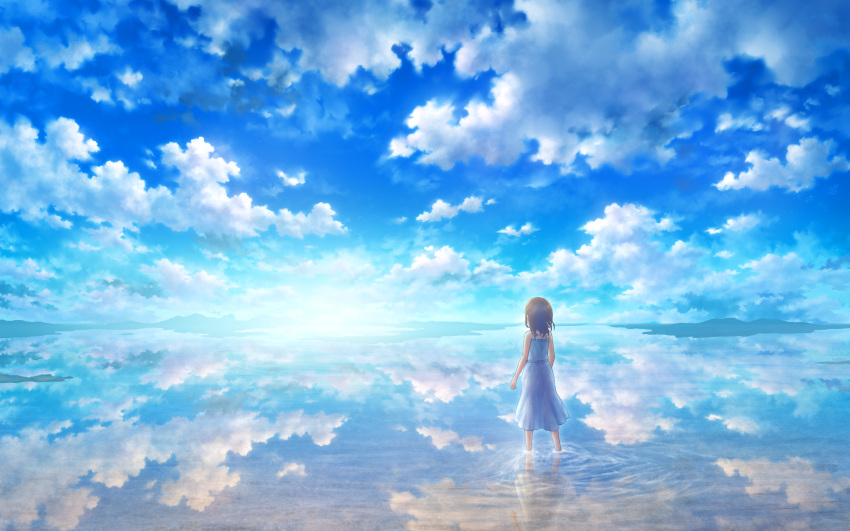 1girl, brown_hair, child, clouds, cloudy_sky, dawn, dress, highres