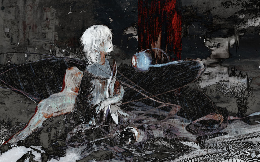 1girl, abstract, bangs, commentary, empty_eyes, hat, hat_removed, headwear_removed, highres, holding, holding_clothes, holding_hat, koishi_day, komeiji_koishi, medium_hair, open_mouth, pale_skin, shirt, sitting, solo, teeth, third_eye, touhou, white_hair, xbsx