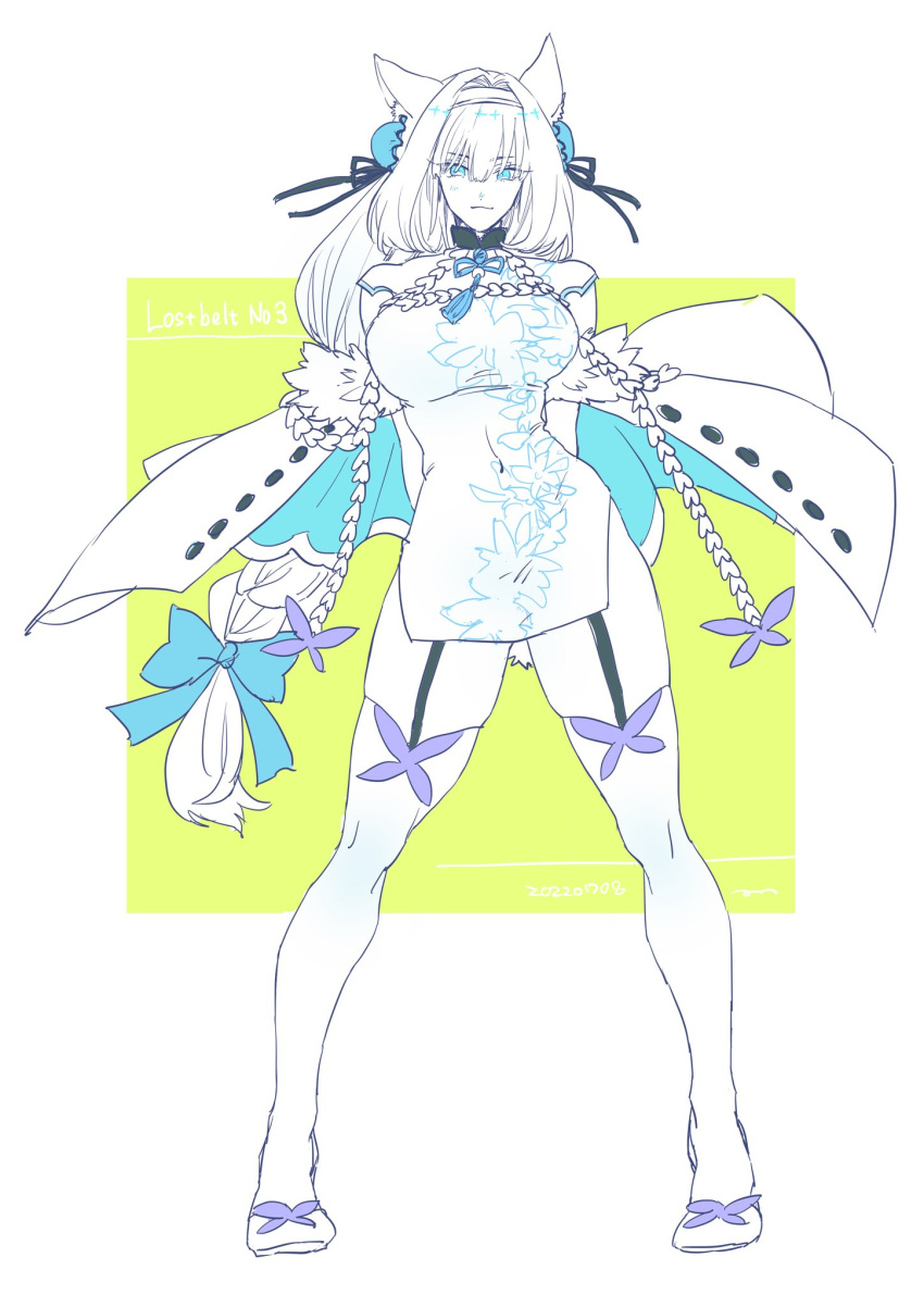 1girl, blue_eyes, breasts, bun_cover, cape, china_dress, chinese_clothes, dated, dobrynya_nikitich_(fate), dress, fate/grand_order, fate_(series), fur-trimmed_cape, fur_trim, garter_straps, hairband, highres, large_breasts, limited_palette, long_hair, low-tied_long_hair, smile, snrns, thigh-highs, white_hair