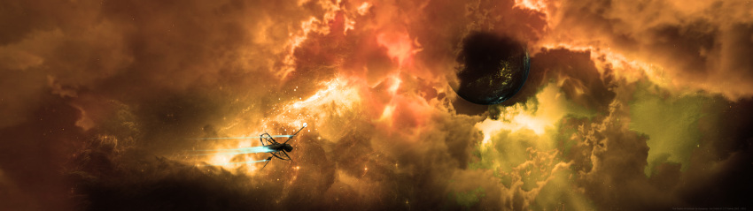 absurdres, afterburner, battlecruiser, blue_fire, clouds, commentary, cruiser, dust