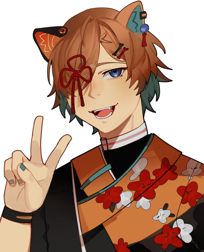 1boy, animal_ears, aqua_hair, blue_eyes, colored_inner_hair, dog_boy, dog_ears, fang