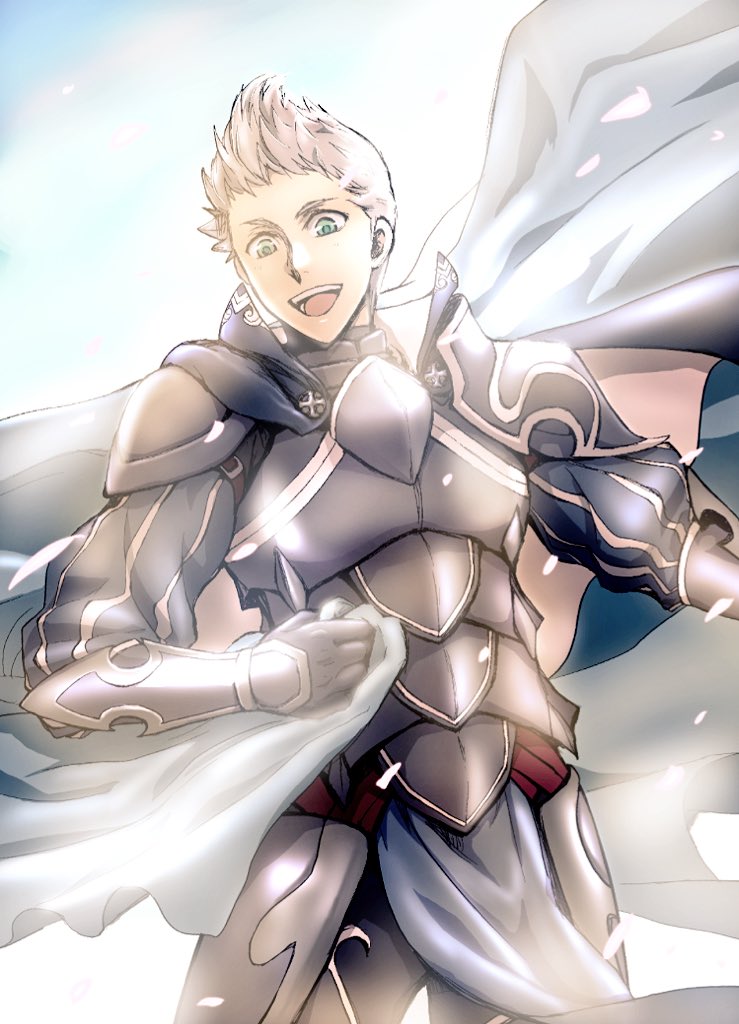 1boy, armor, cape_hold, fe_knights, fire_emblem, fire_emblem_fates, green_hair, grey_hair, looking_at_viewer, male_focus, open_mouth, silas_(fire_emblem), teeth, upper_body, upper_teeth