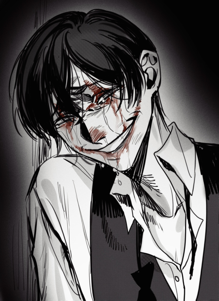 1boy, 86073556, bangs, black_background, black_hair, clown, crying, crying_with_eyes_open, highres, klein_moretti, lord_of_the_mysteries, makeup, monochrome, parted_lips, shirt, simple_background, smile, tears, teeth, vest, white_shirt