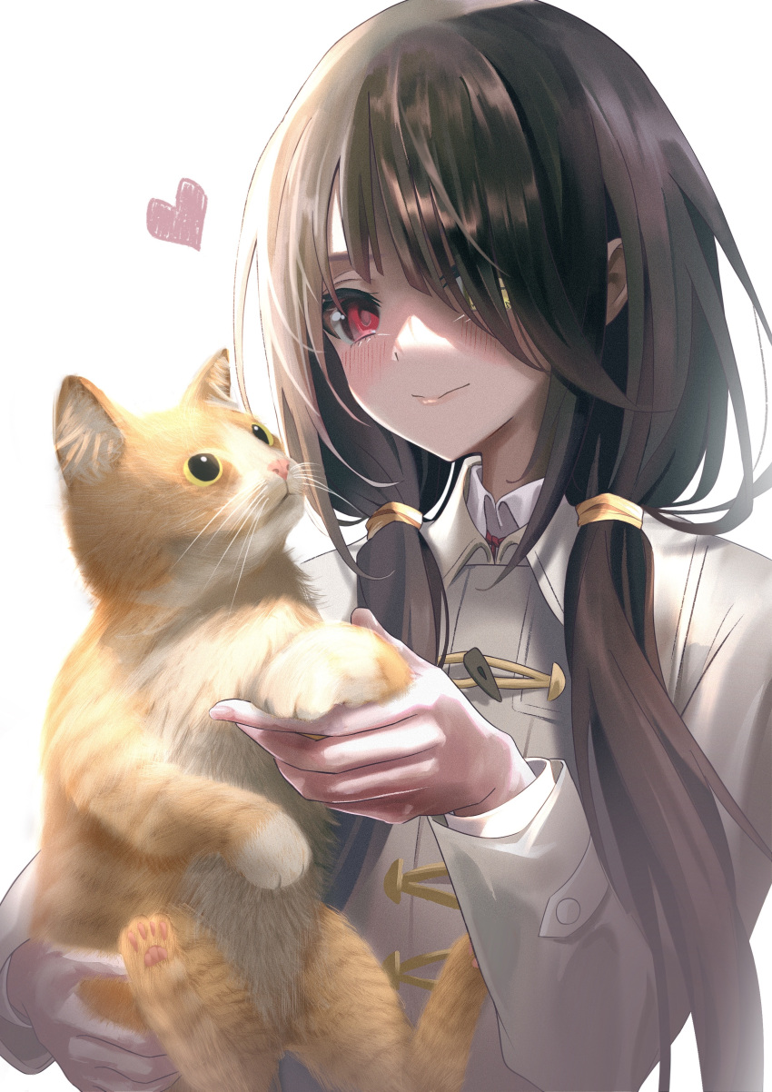 1girl, absurdres, animal, black_hair, blush, cat, chantsunyuen1997, clock_eyes, closed_mouth, commentary_request, date_a_live, hair_over_one_eye, heart, heterochromia, highres, holding, holding_animal, holding_cat, low_twintails, red_eyes, smile, solo, symbol-shaped_pupils, tokisaki_kurumi, twintails, yellow_eyes