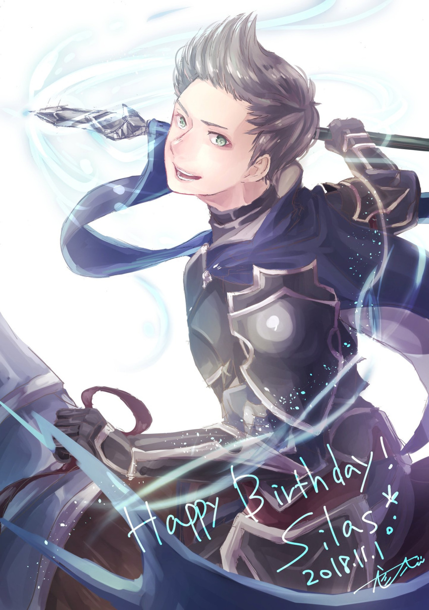 1boy, barding, fire_emblem, fire_emblem_fates, green_eyes, grey_hair, highres, holding, holding_polearm, holding_weapon, horseback_riding, kedama_mosamosa, lance, looking_at_viewer, male_focus, open_mouth, polearm, riding, silas_(fire_emblem), upper_body, weapon