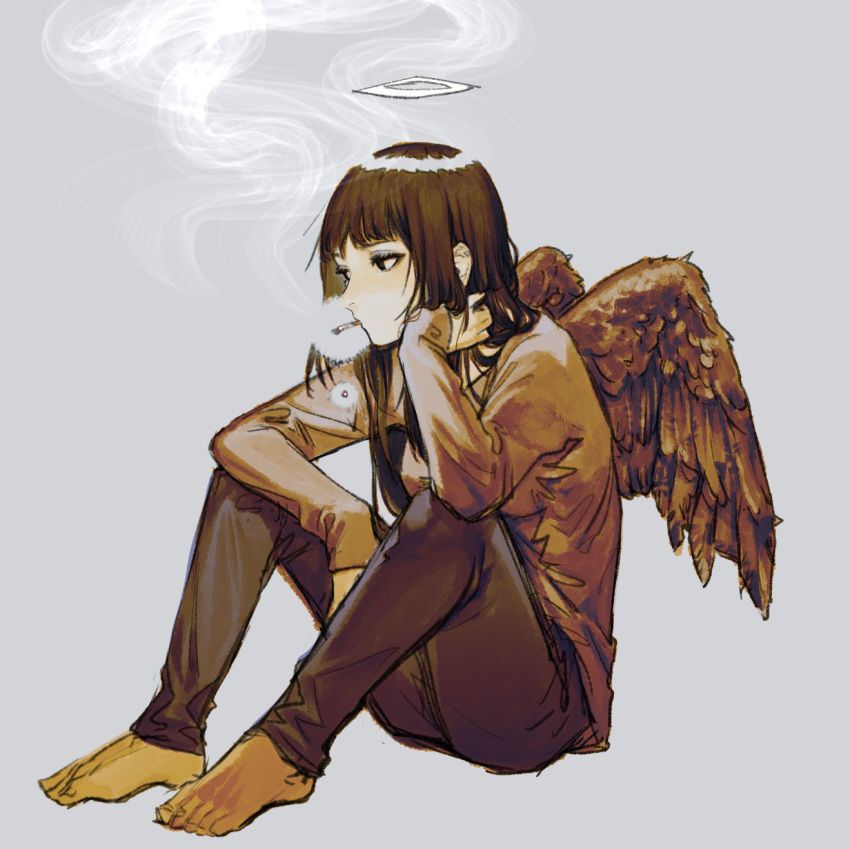 1girl, angel_wings, artist_request, bangs, barefoot, black_eyes, black_hair, black_pants