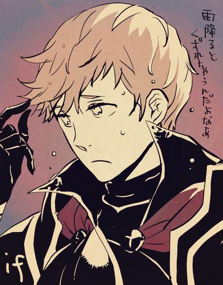 1boy, armor, asao_(sakuya), buttons, closed_mouth, fire_emblem, fire_emblem_fates, gloves, male_focus, playing_with_own_hair, portrait, shoulder_armor, silas_(fire_emblem), upper_body, wet, wet_hair