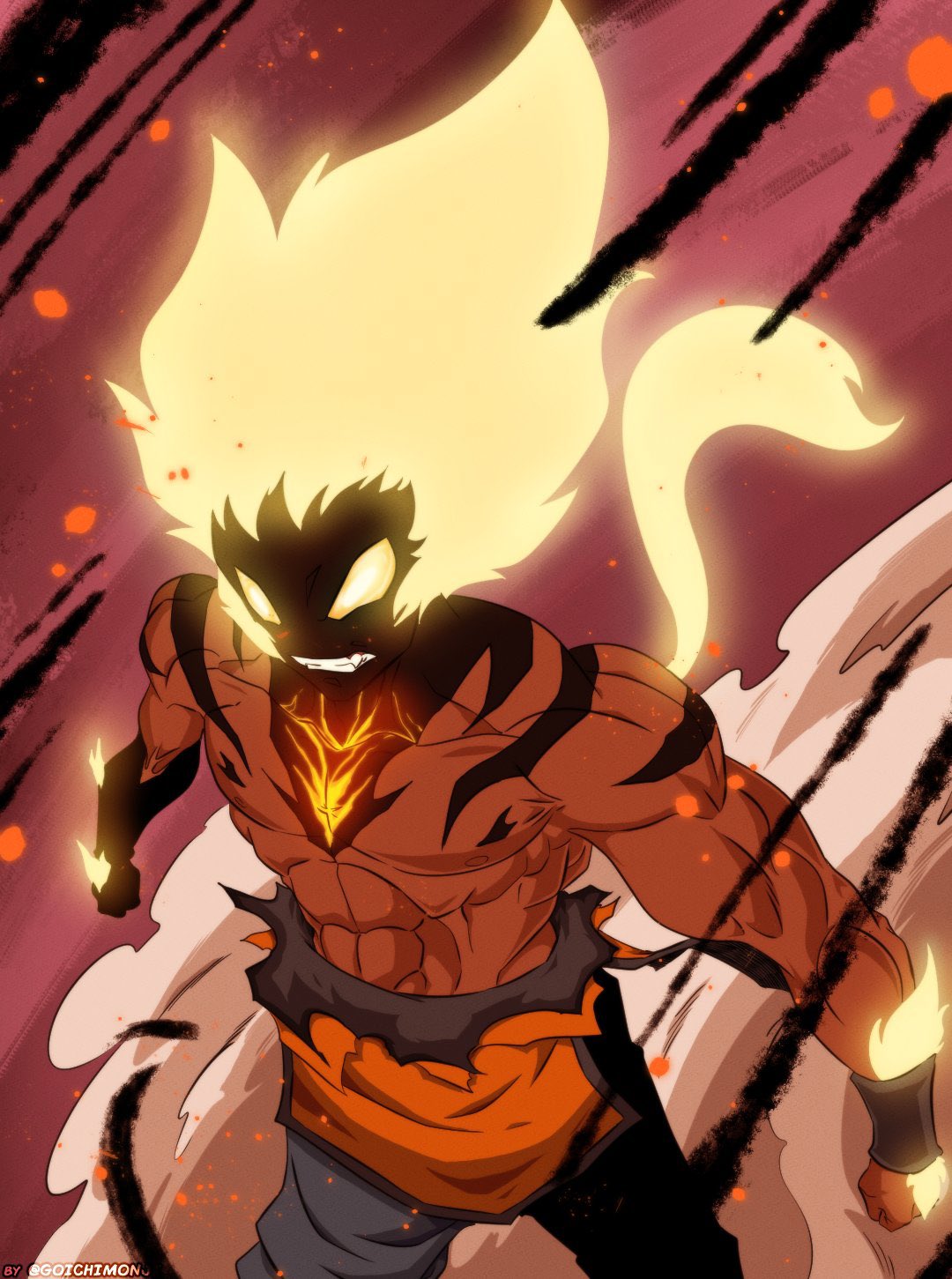 1boy, abs, alternate_form, alternate_universe, arm_hair, blonde_hair, clenched_hands, dark-skinned_male, dark_skin, dragon_ball, dragon_ball_(classic), english_commentary, fang, glowing, glowing_eyes, glowing_hair, glowing_tail, highres, king_ajna, legend:_a_dragon_ball_tale, muscular, muscular_male, saviour_from_heaven, solo, son_goku, spiky_hair, super_saiyan, teeth, topless_male, torn_clothes, yellow_eyes