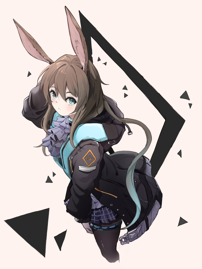 1girl, absurdres, amiya_(arknights), animal_ears, arknights, arm_up, ascot, black_legwear