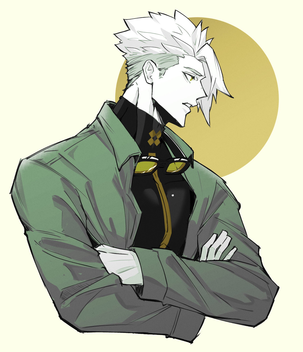 1boy, achilles_(fate), achilles_(fearless_diver)_(fate), alternate_hair_color, commentary_request, crossed_arms, expressionless, fate/apocrypha, fate/grand_order, fate_(series), from_side, goggles, green_eyes, haruakira, highres, jacket, looking_away, male_focus, muscular, muscular_male, official_alternate_costume, short_hair, simple_background, solo, swimsuit, white_hair